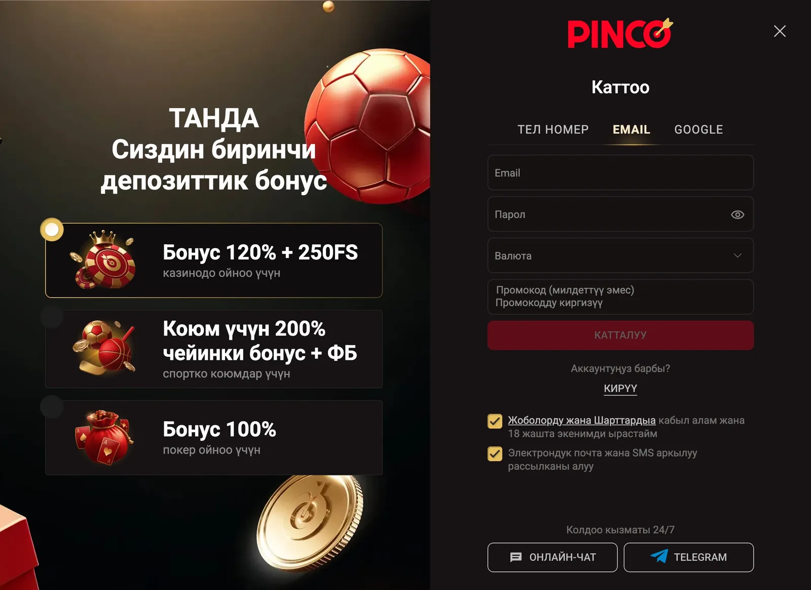 Поля вкладки почты: e-mail, пароль со значком глаза, выпадающий список валют и промокод