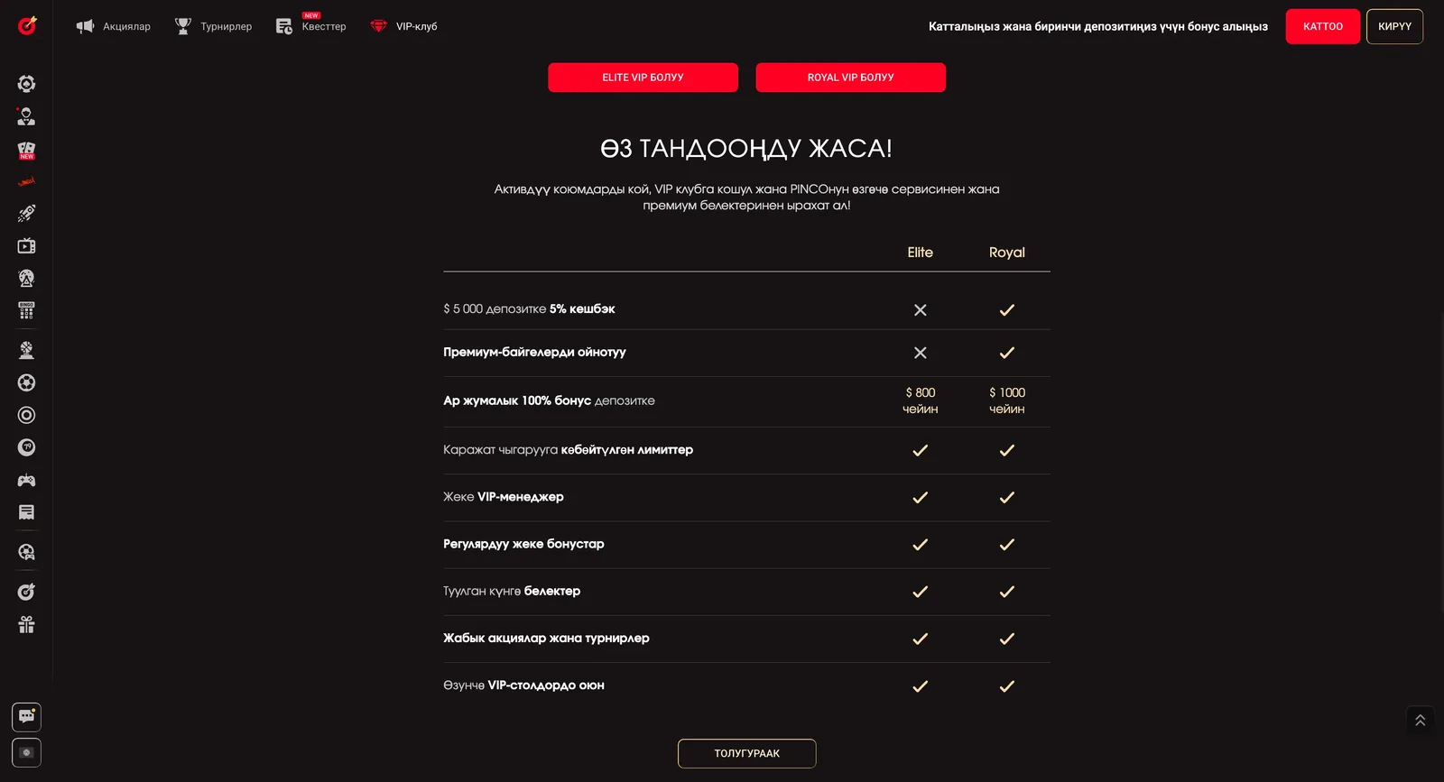 Таблица привилегий двух уровней клуба с галочками и крестиками напротив каждой строки